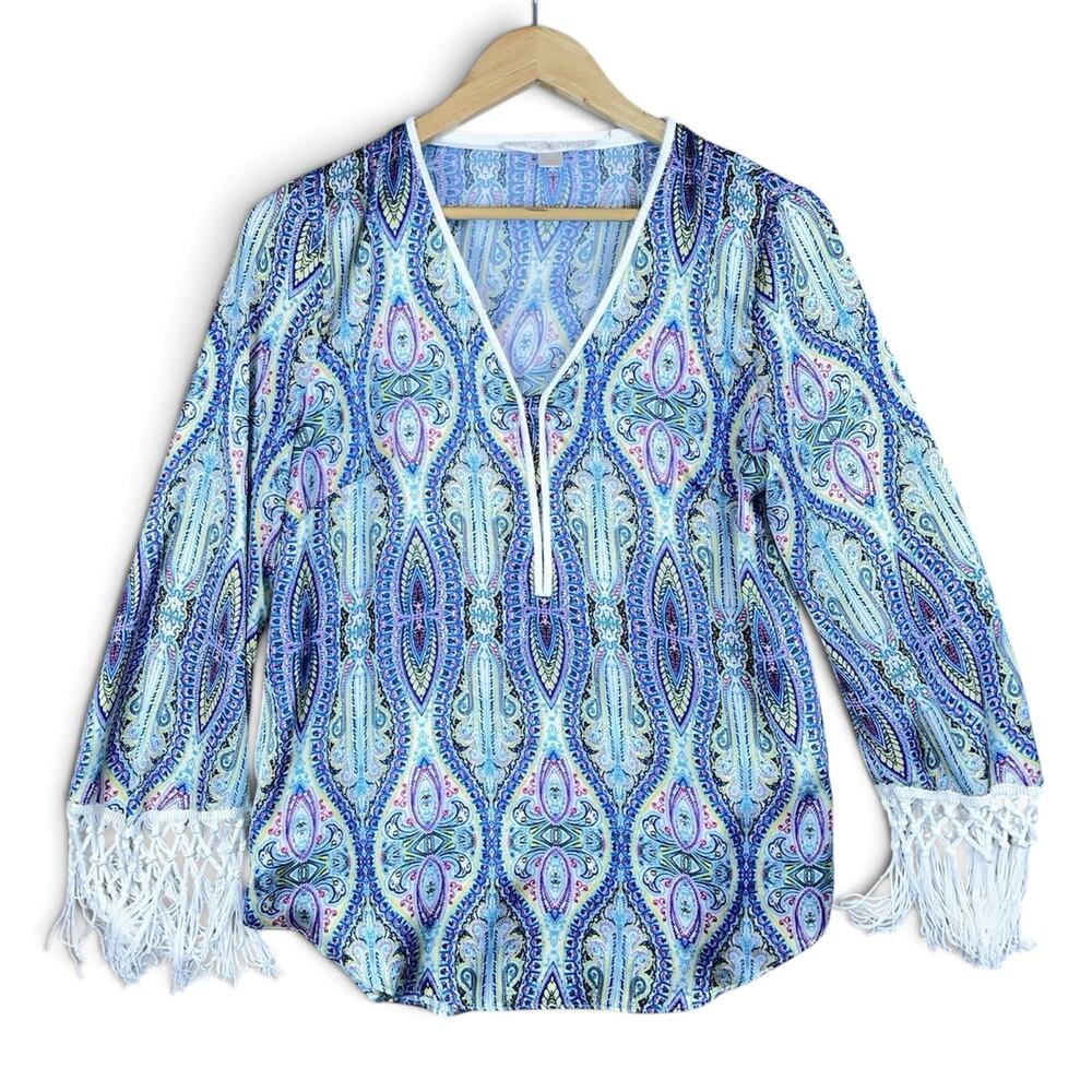 Boston Proper Paisley Top Size 4 Tasseled Sleeve Boho White Lotus Coastal